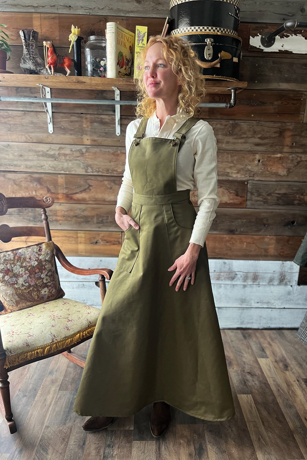 Cotton Pinafore in Brushed Olive-Small